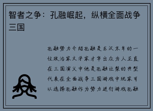 智者之争：孔融崛起，纵横全面战争三国